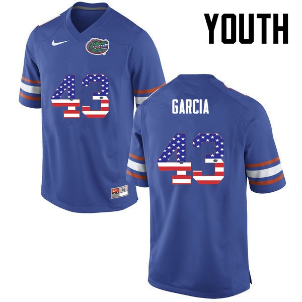 Florida Gators Youth #43 Cristian Garcia College Football USA Flag Fashion Blue